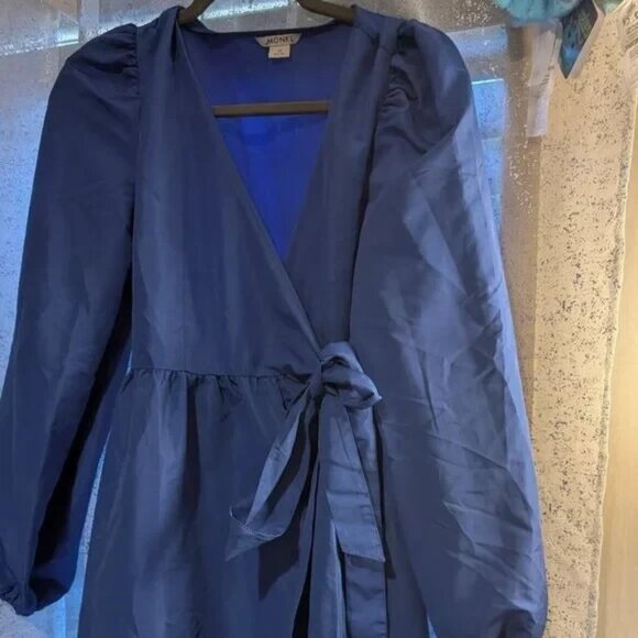 NWOT Monki Women Long Sleeve Midi Wrap Front Side Tie Dress Blue Size 38 (US 6) - Picture 2 of 14